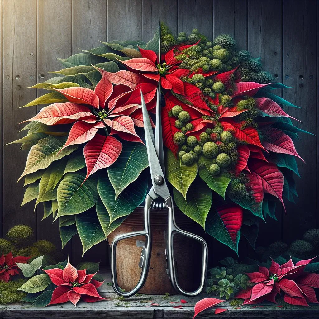a pair of large pruning shears cutting through vibrant poinsettia foliage, illustrating proper trimming of vánoční hvězda after flowering.